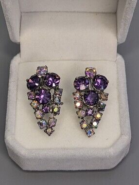 Vintage Kegel Screw Back Earrings Purple Rhinestone Cluster Silver Tone